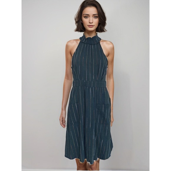 Moon River Anthropologie Mini Dress‎ Women Sz L Green Embroidered Halter Cotton - Picture 1 of 12